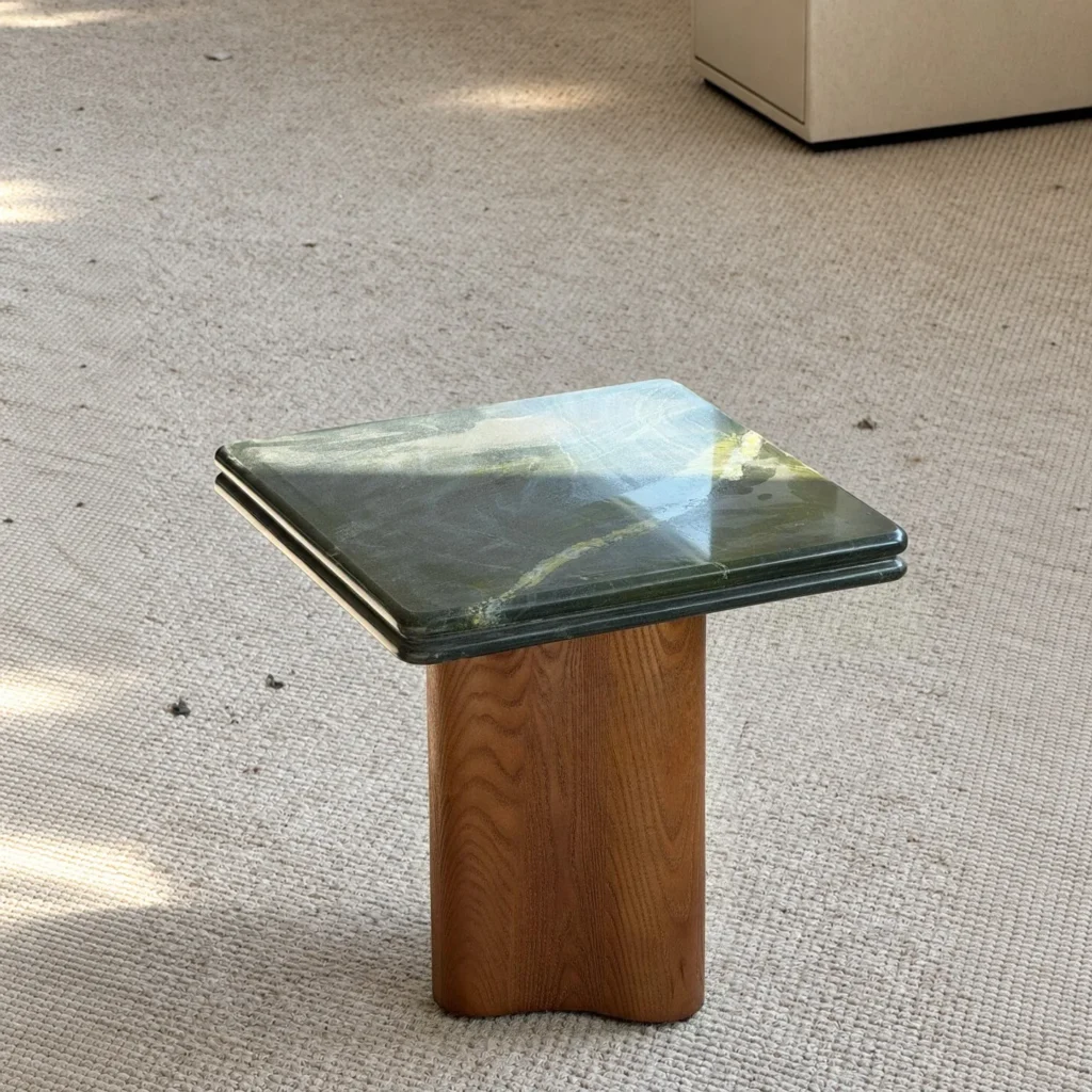 Mid-Century Double-Layer Green Marble Side Table on Oak Base in olive — front view