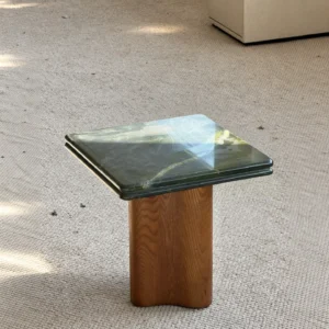 Mid-Century Double-Layer Green Marble Side Table on Oak Base in olive — front view