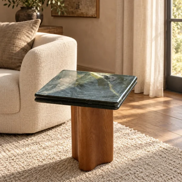 Mid-Century Double-Layer Green Marble Side Table on Oak Base in olive — in a room setting