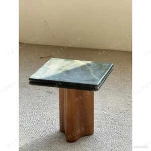 Mid-Century Double-Layer Green Marble Side Table on Oak Base in olive — in a room setting