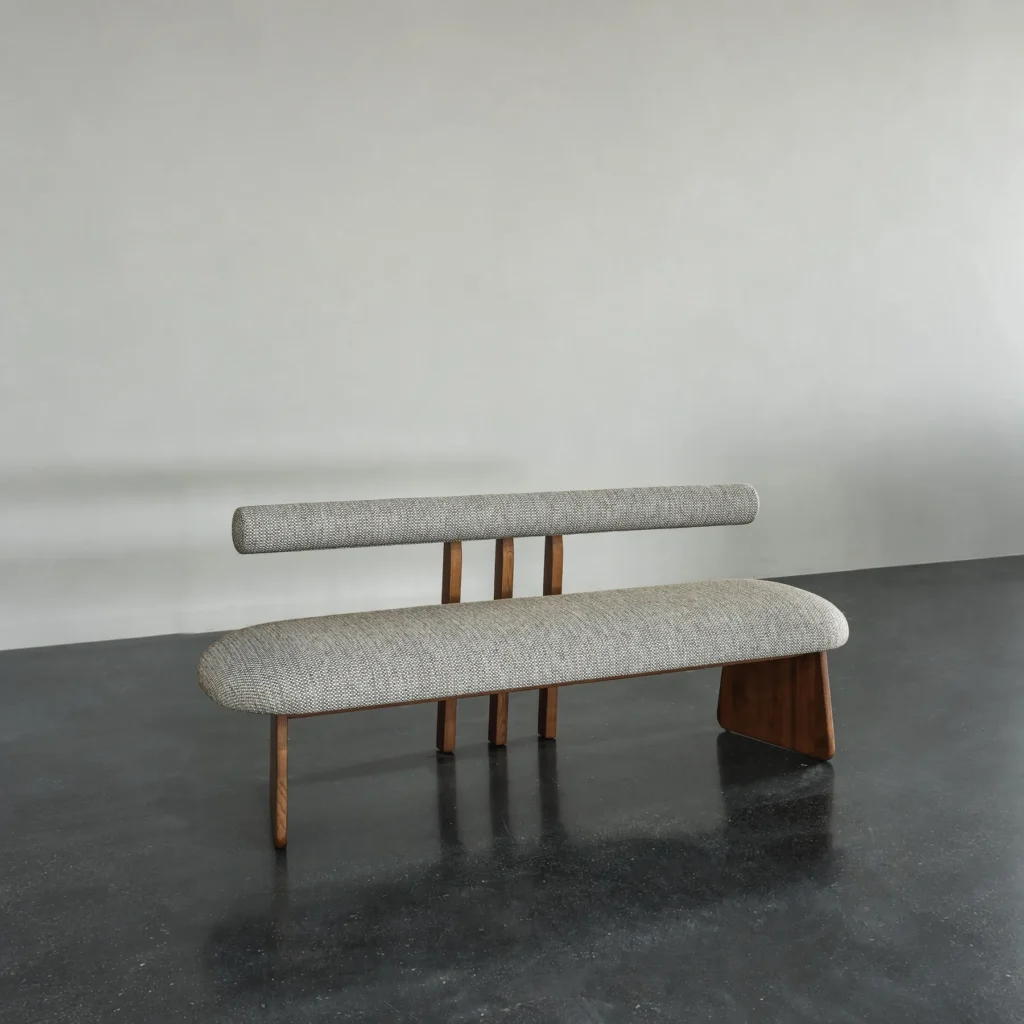 Mid-Century Walnut Bench with Floating Bouclé Backrest in walnut — front view