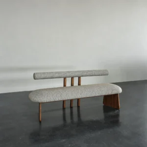 Mid-Century Walnut Bench with Floating Bouclé Backrest in walnut — front view