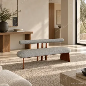 Mid-Century Walnut Bench with Floating Bouclé Backrest in walnut — in a room setting