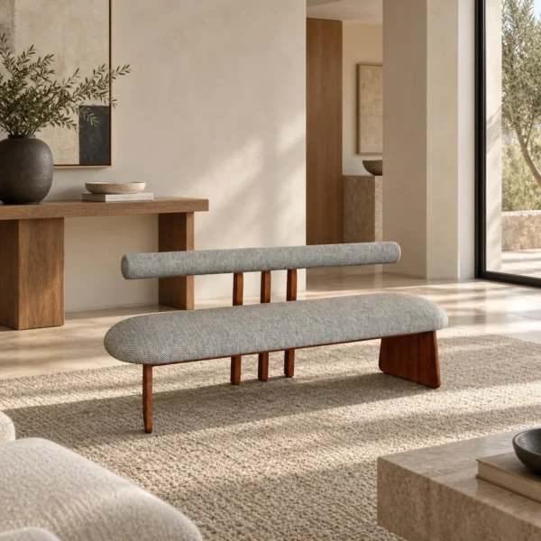 Mid-Century Walnut Bench with Floating Bouclé Backrest in walnut — in a room setting