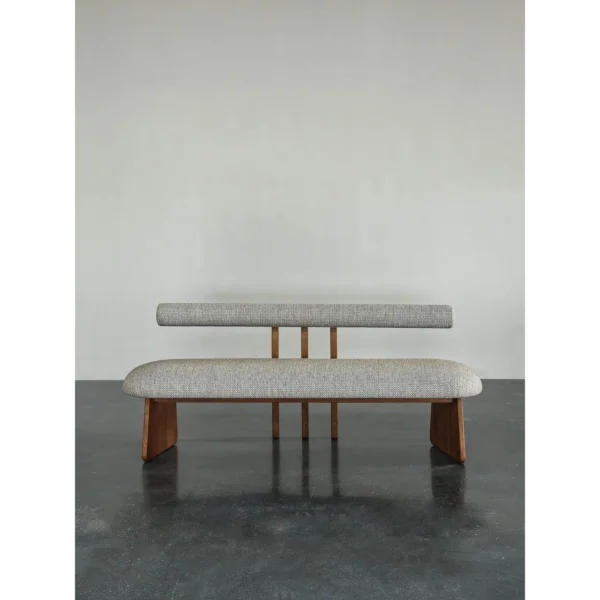 Mid-Century Walnut Bench with Floating Bouclé Backrest in walnut — in a room setting