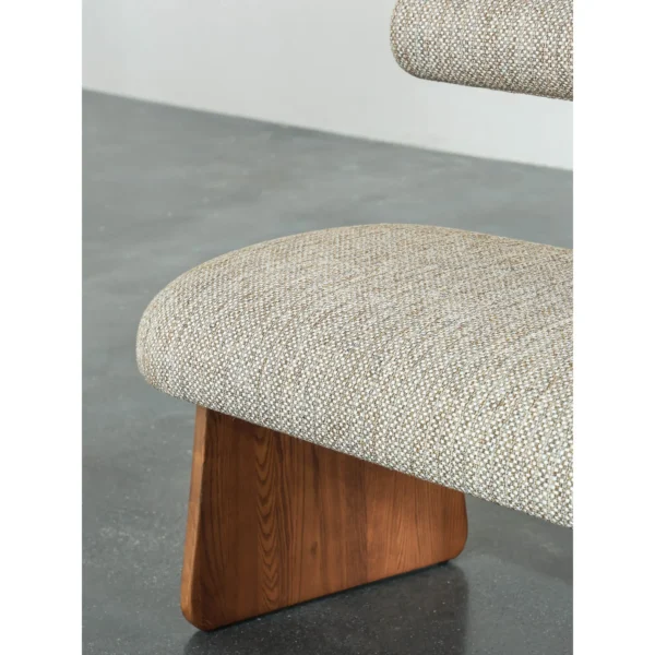 Mid-Century Walnut Bench with Floating Bouclé Backrest in walnut — in a room setting