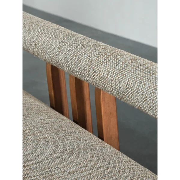 Mid-Century Walnut Bench with Floating Bouclé Backrest in walnut — in a room setting
