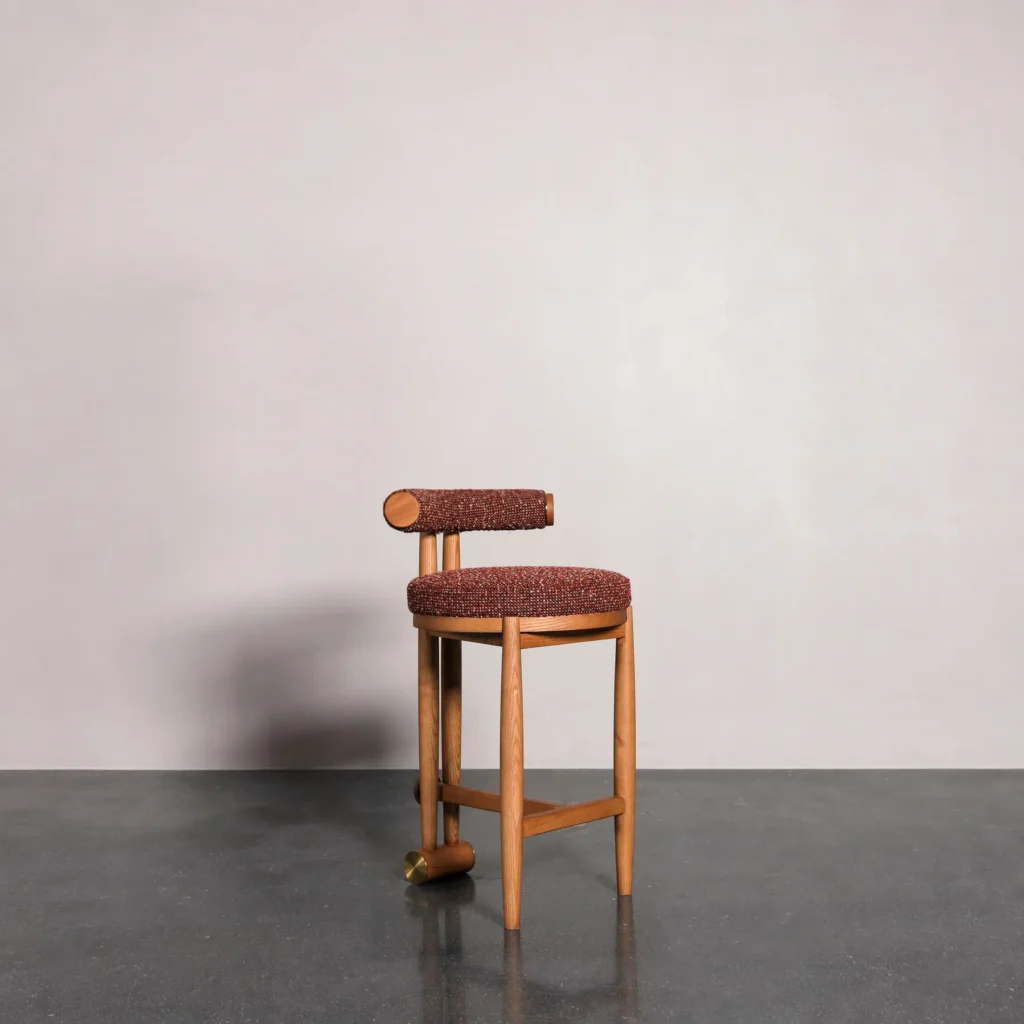 Mid-Century Bar Stool in Red Tweed with Brass Feet — front view