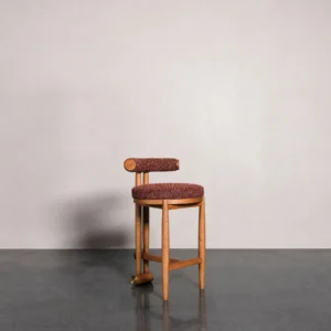 Mid-Century Bar Stool in Red Tweed with Brass Feet — front view