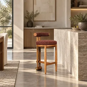 Mid-Century Bar Stool in Red Tweed with Brass Feet — in a room setting