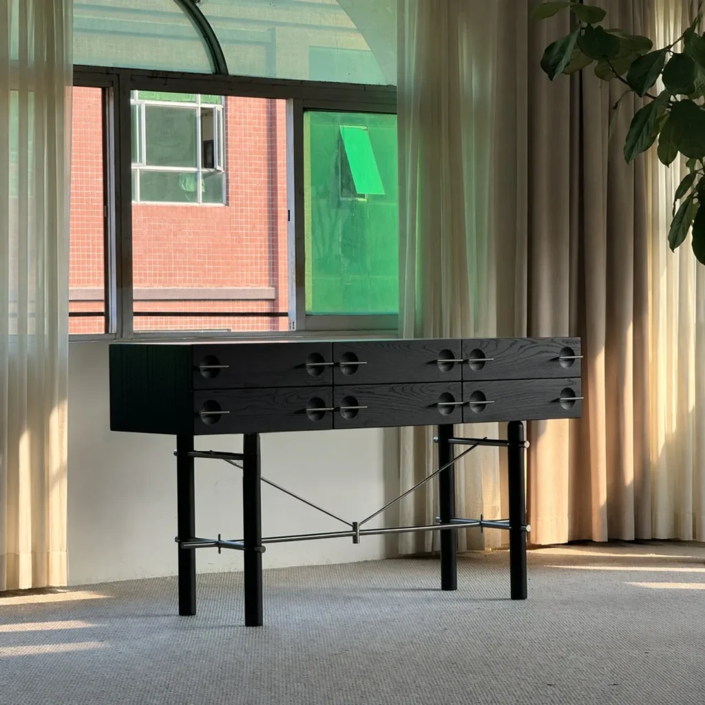 Black Ash Console Cabinet with Drawers on Metal Frame in black — front view