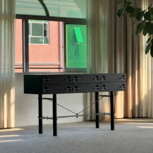 Black Ash Console Cabinet with Drawers on Metal Frame in black — front view