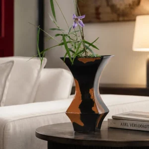 Mid-Century Black and Rust Kiln-Change Angular Vase in black — front view