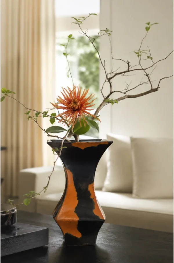 Mid-Century Black and Rust Kiln-Change Angular Vase in black — in a room setting