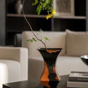 Mid-Century Black and Rust Kiln-Change Angular Vase in black — in a room setting