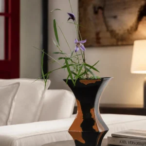 Mid-Century Black and Rust Kiln-Change Angular Vase in black — in a room setting