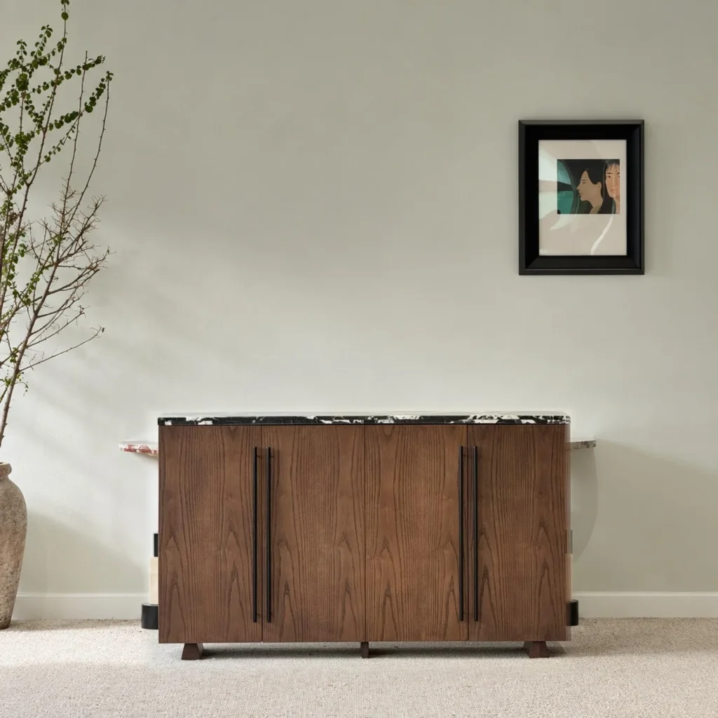 Mid-Century Walnut Cabinet with Black and White Marble Top in walnut — front view