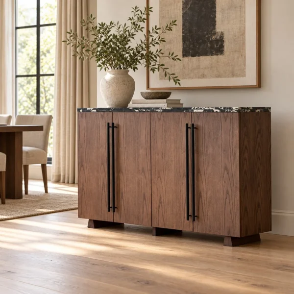 Mid-Century Walnut Cabinet with Black and White Marble Top in walnut — in a room setting