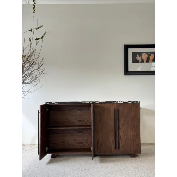 Mid-Century Walnut Cabinet with Black and White Marble Top in walnut — in a room setting