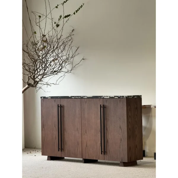 Mid-Century Walnut Cabinet with Black and White Marble Top in walnut — in a room setting