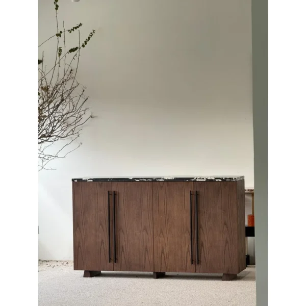 Mid-Century Walnut Cabinet with Black and White Marble Top in walnut — in a room setting