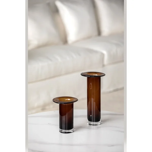 Brown-Black Gradient Cylinder Glass Vase, Short or Tall in clay — in a room setting