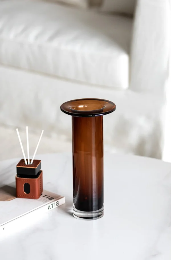 Brown-Black Gradient Cylinder Glass Vase, Short or Tall in clay — in a room setting