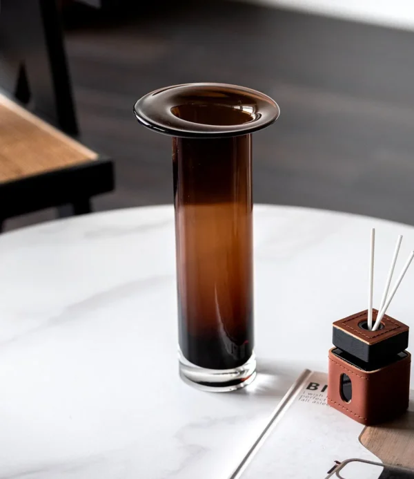 Brown-Black Gradient Cylinder Glass Vase, Short or Tall in clay — in a room setting