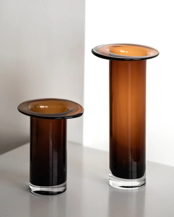 Brown-Black Gradient Cylinder Glass Vase, Short or Tall in clay — in a room setting