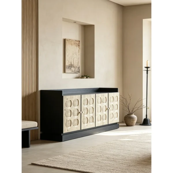 Carved Circle Relief Sideboard, Black and Cream in black — in a room setting