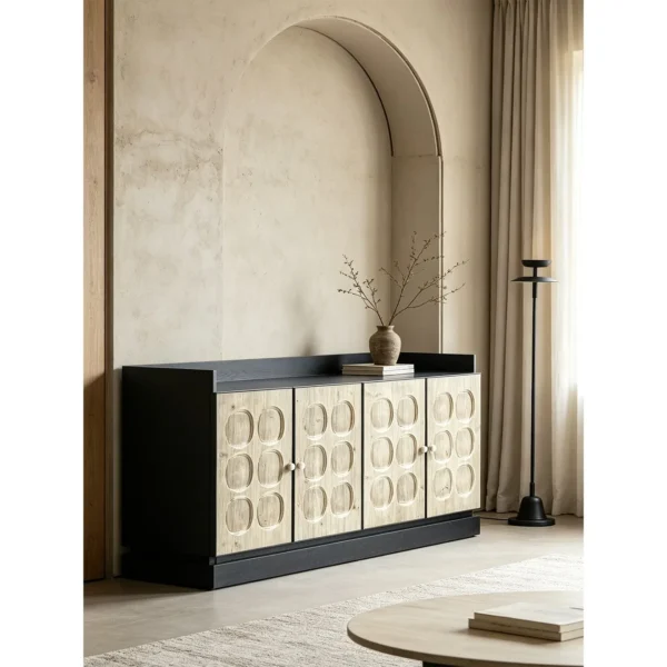 Carved Circle Relief Sideboard, Black and Cream in black — in a room setting