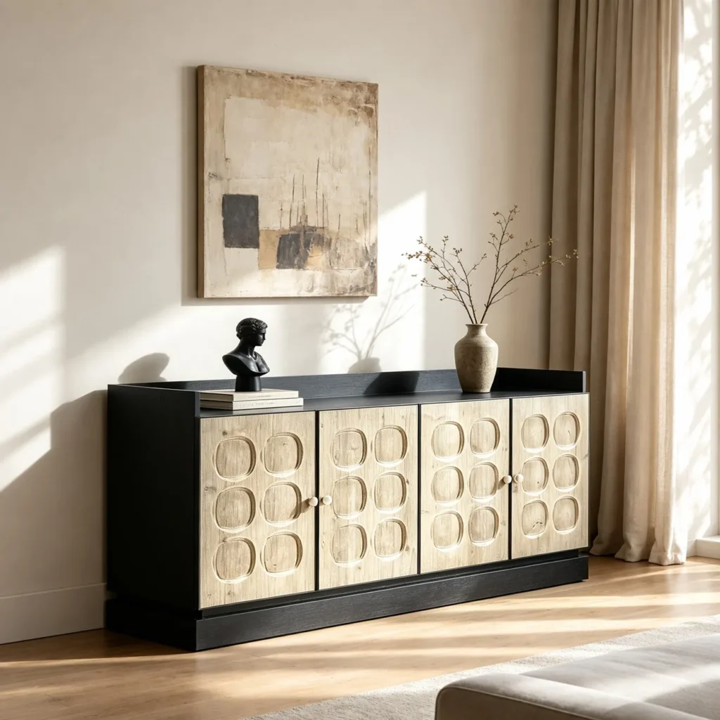 Hand-Carved Circle Relief Sideboard in Black Frame — front view