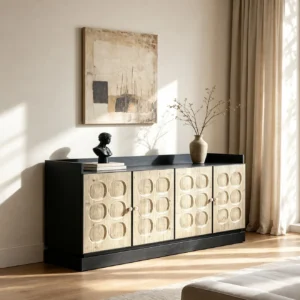 Hand-Carved Circle Relief Sideboard in Black Frame — front view