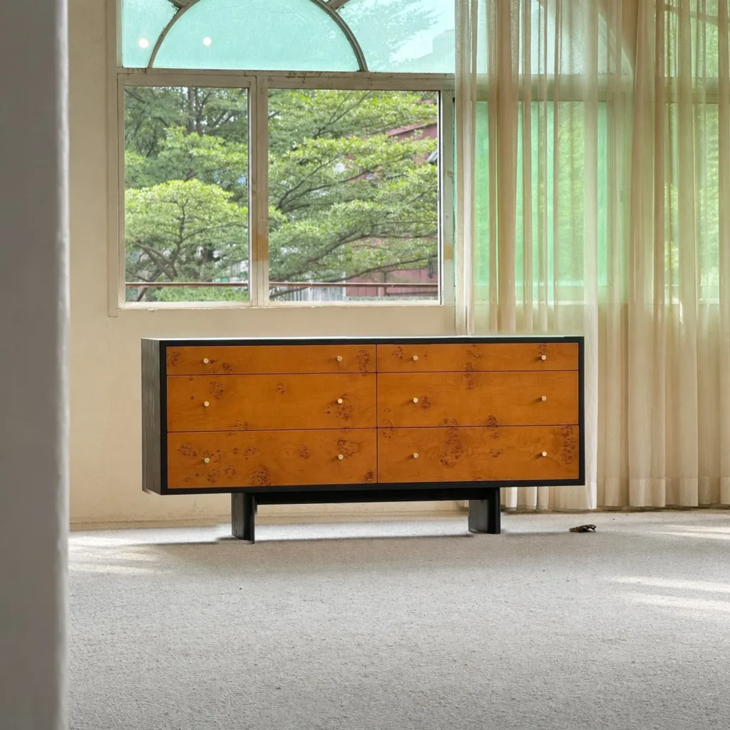 Mid-Century Burl Veneer Six-Drawer Chest in Black Frame — front view