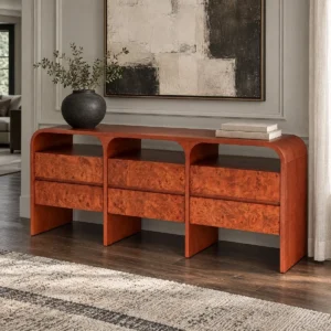 Mid-Century Burl Veneer Waterfall Sideboard — front view