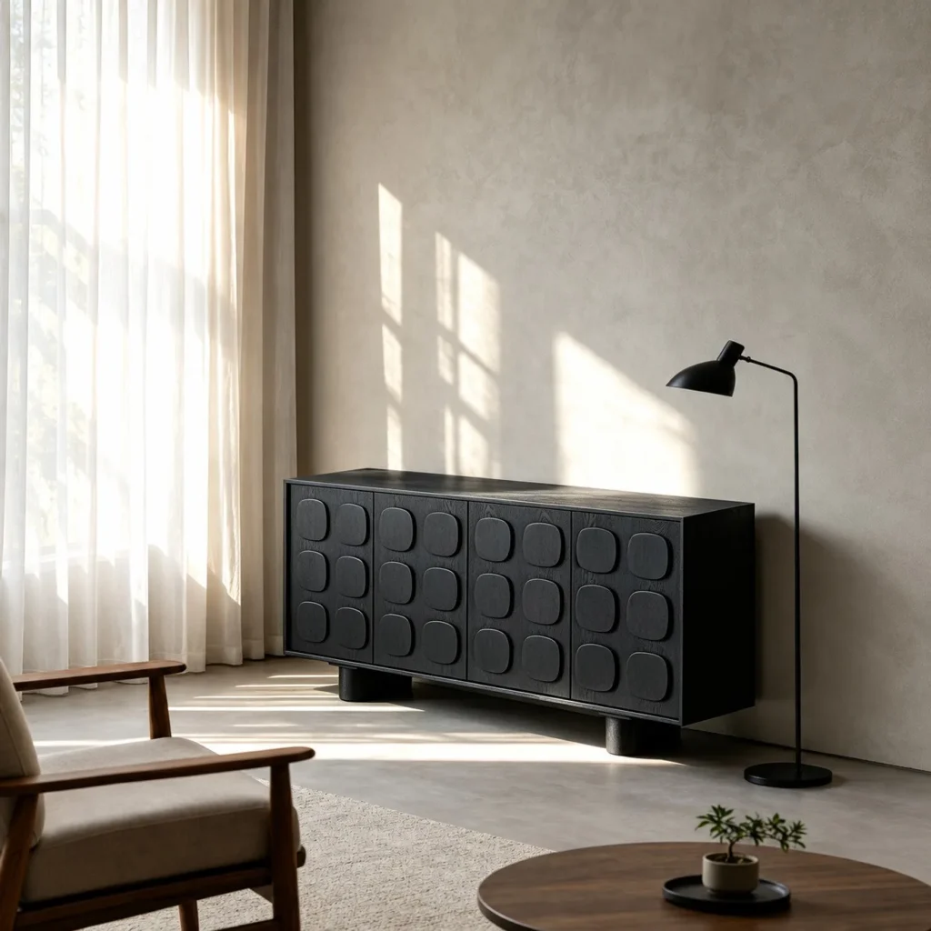 Charcoal Relief Sideboard with Rounded-Square Pulls in black — front view