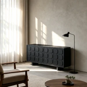 Charcoal Relief Sideboard with Rounded-Square Pulls in black — front view