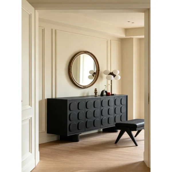 Charcoal Relief Sideboard with Rounded-Square Pulls in black — in a room setting