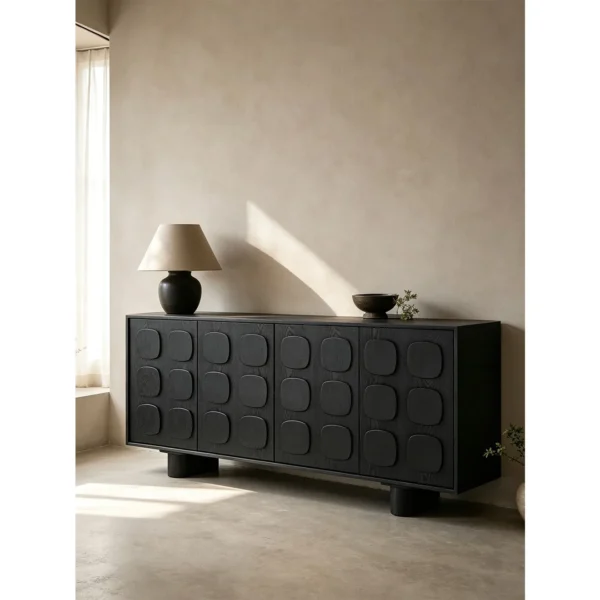 Charcoal Relief Sideboard with Rounded-Square Pulls in black — in a room setting