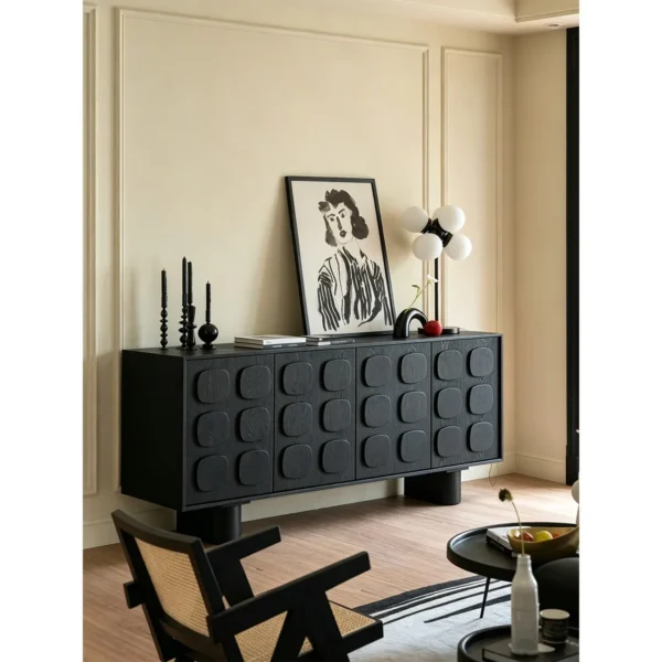 Charcoal Relief Sideboard with Rounded-Square Pulls in black — in a room setting