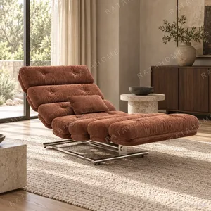 Mid-Century Ribbed Chaise Lounge in rust — in a room setting