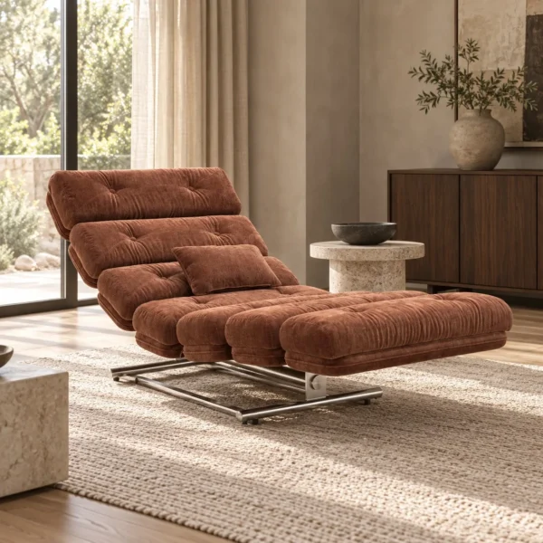 Mid-Century Ribbed Chaise Lounge in rust — in a room setting