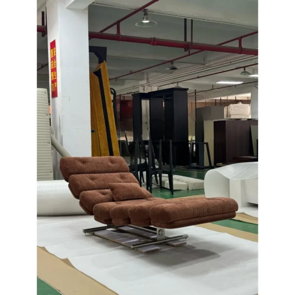 Mid-Century Ribbed Chaise Lounge in rust — in a room setting