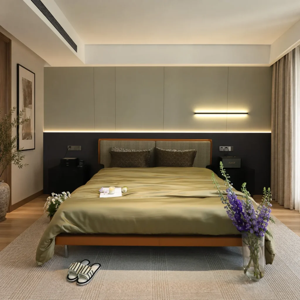 Mid-Century Check Linen Bed with T-Bar Headboard in clay — front view