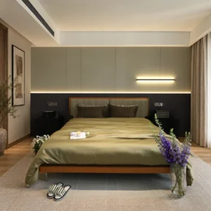 Mid-Century Check Linen Bed with T-Bar Headboard in clay — front view