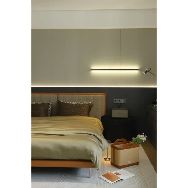 Mid-Century Check Linen Bed with T-Bar Headboard in clay — in a room setting
