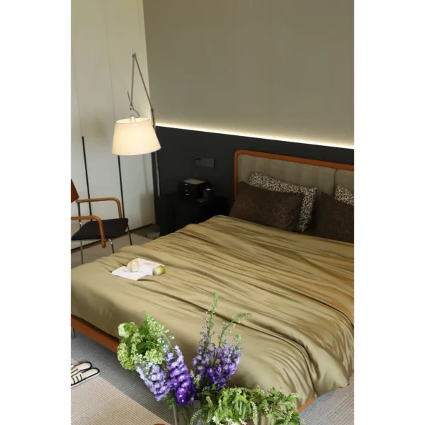 Mid-Century Check Linen Bed with T-Bar Headboard in clay — in a room setting