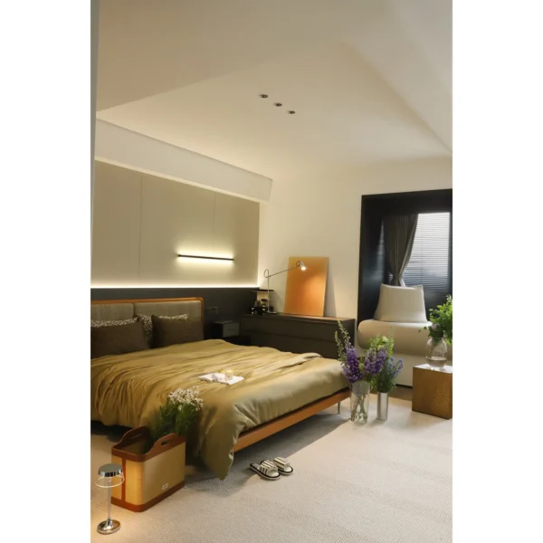 Mid-Century Check Linen Bed with T-Bar Headboard in clay — in a room setting
