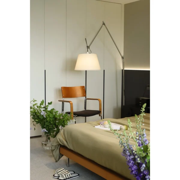 Mid-Century Check Linen Bed with T-Bar Headboard in clay — in a room setting