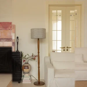 Mid-Century Ash Floor Lamp with Geometric Print Shade in natural oak — front view